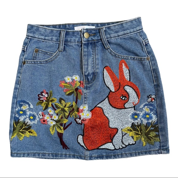 Unknown Brand Dresses & Skirts - Embroidered denim mini skirt. 🌸🐰🐝